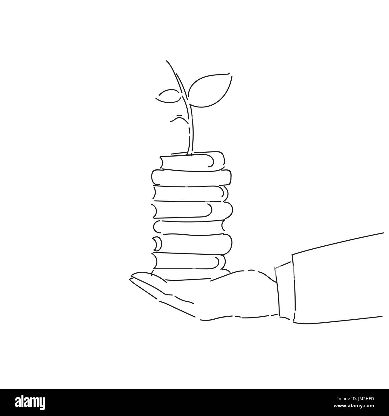 Business Man Hand Holding Plant sur la pile de livres sur la protection de l'environnement Concept de croissance Illustration de Vecteur