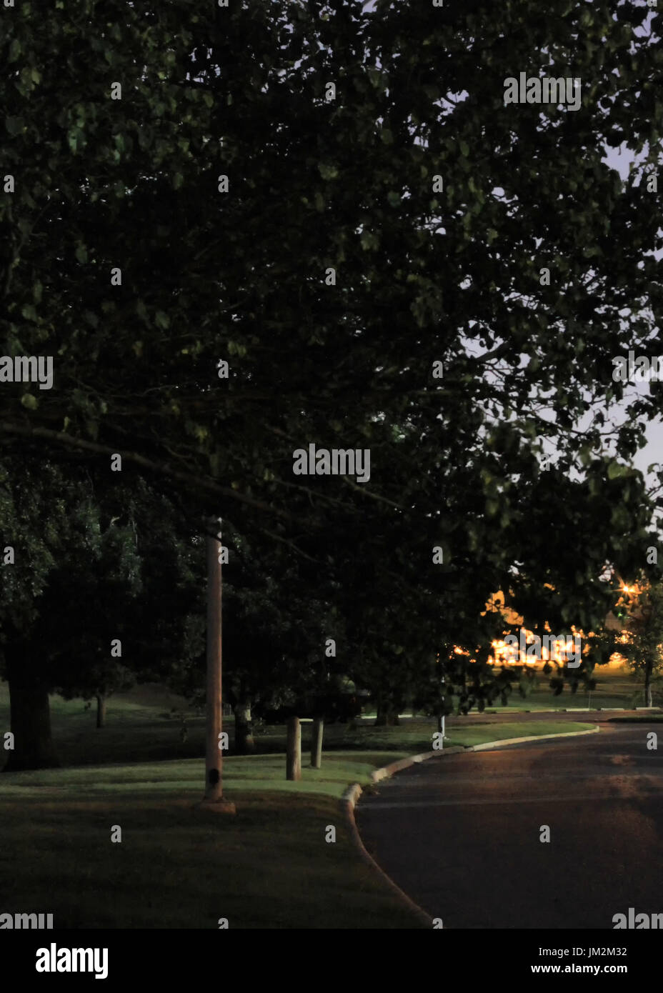 Une route serpente à travers une Dark city park avec des lumières en arrière-plan. Banque D'Images