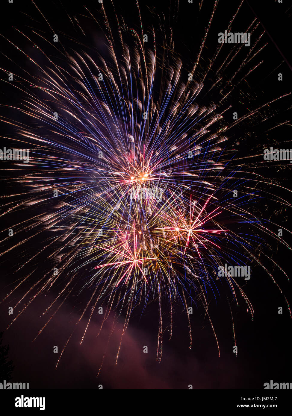 Photo verticale de rouge, bleu, violet et orange d'artifice qui explose dans le ciel de nuit Banque D'Images