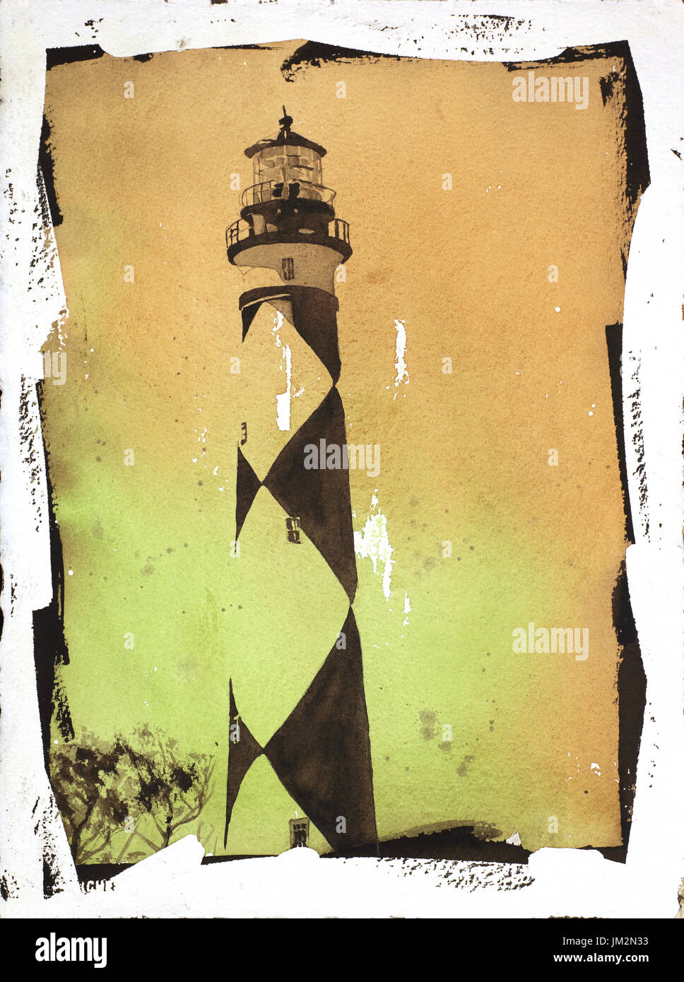 Fine art aquarelle originale de Cape Lookout lighthouse w/ photo faux- frontière Outer Banks, Caroline du Nord. L'article phare phare NC Banque D'Images