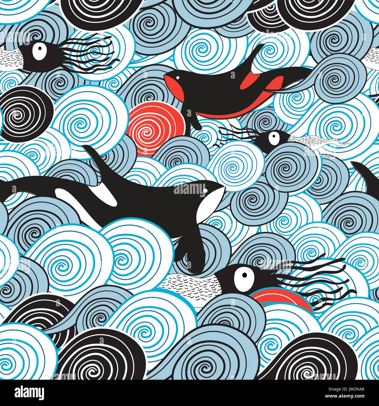 Dessin d'une vue magnifique sur la mer d'un modèle d'onde avec les baleines et de calmars Illustration de Vecteur