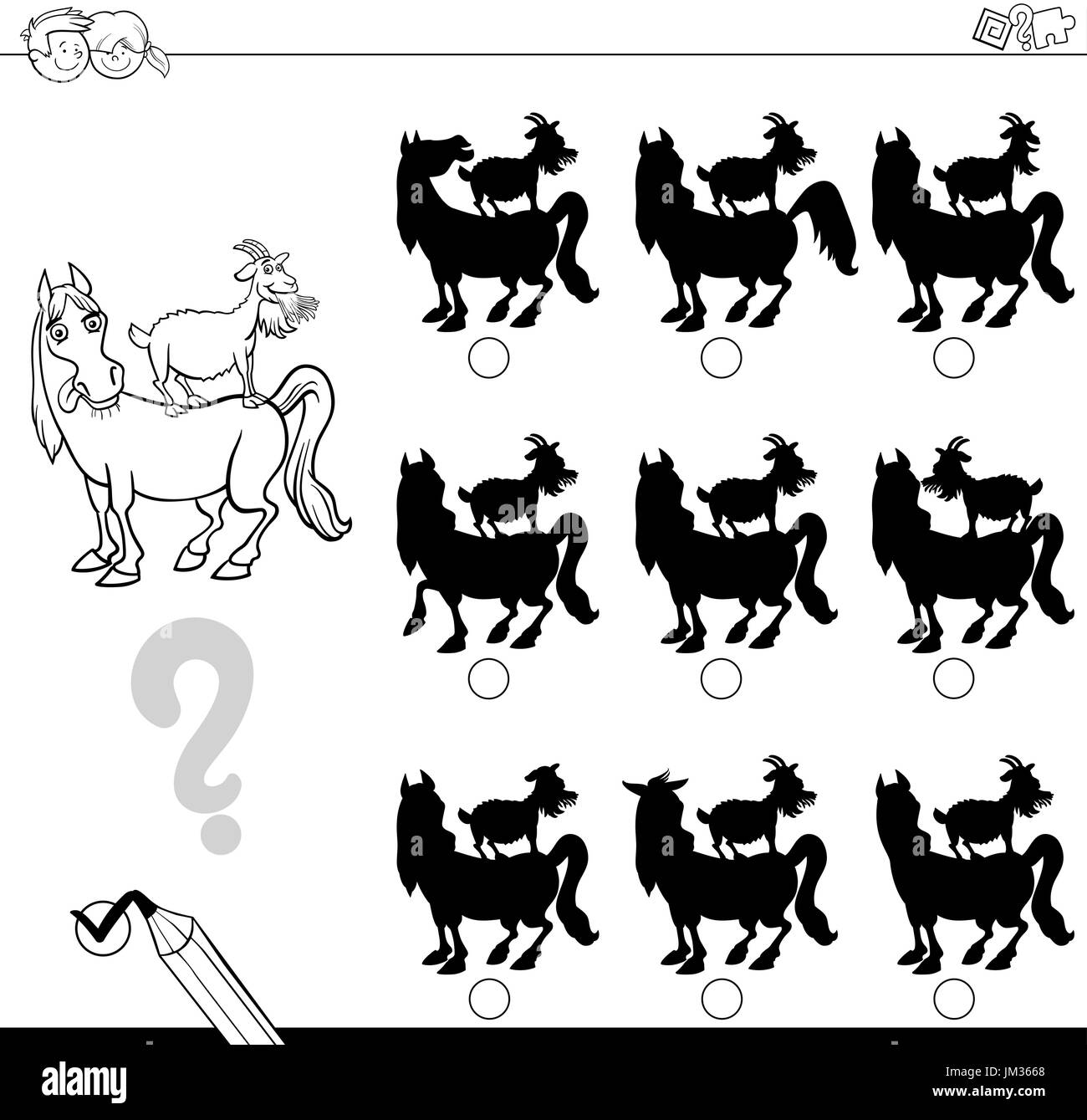 Cartoon noir et blanc Illustration de la recherche de l'ombre sans différences activité éducative pour les enfants avec des animaux d'élevage de chevaux et de chèvres. Illustration de Vecteur