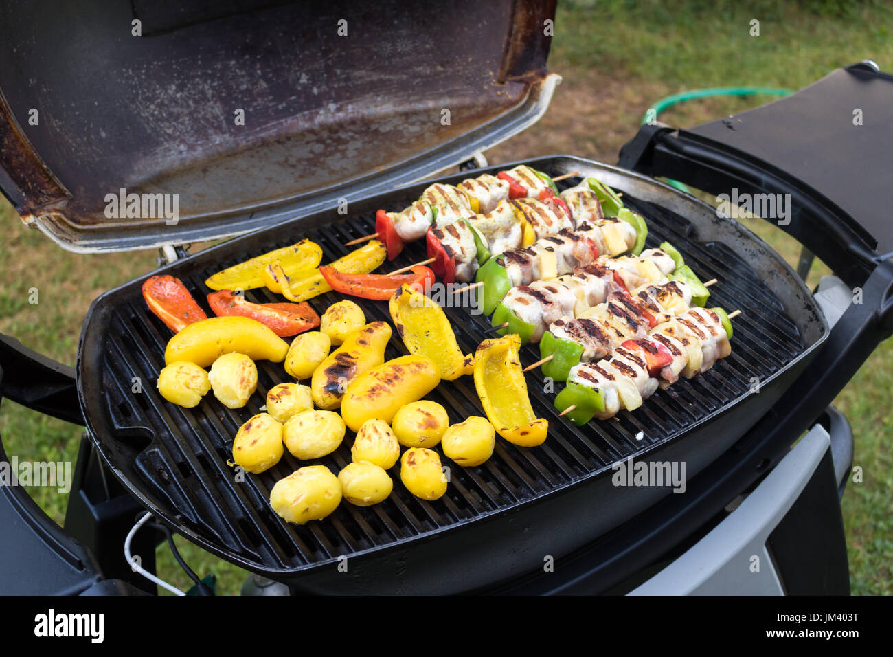 Un assortiment de grillades de viande avec légumes sur les braises d'un barbecue, close-up. Banque D'Images