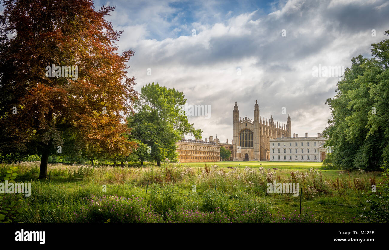 Une vue classique du King de l'Université de Cambridge College et chapelle à l'est à travers le terrain commun et sur la rivière Cam, España Banque D'Images