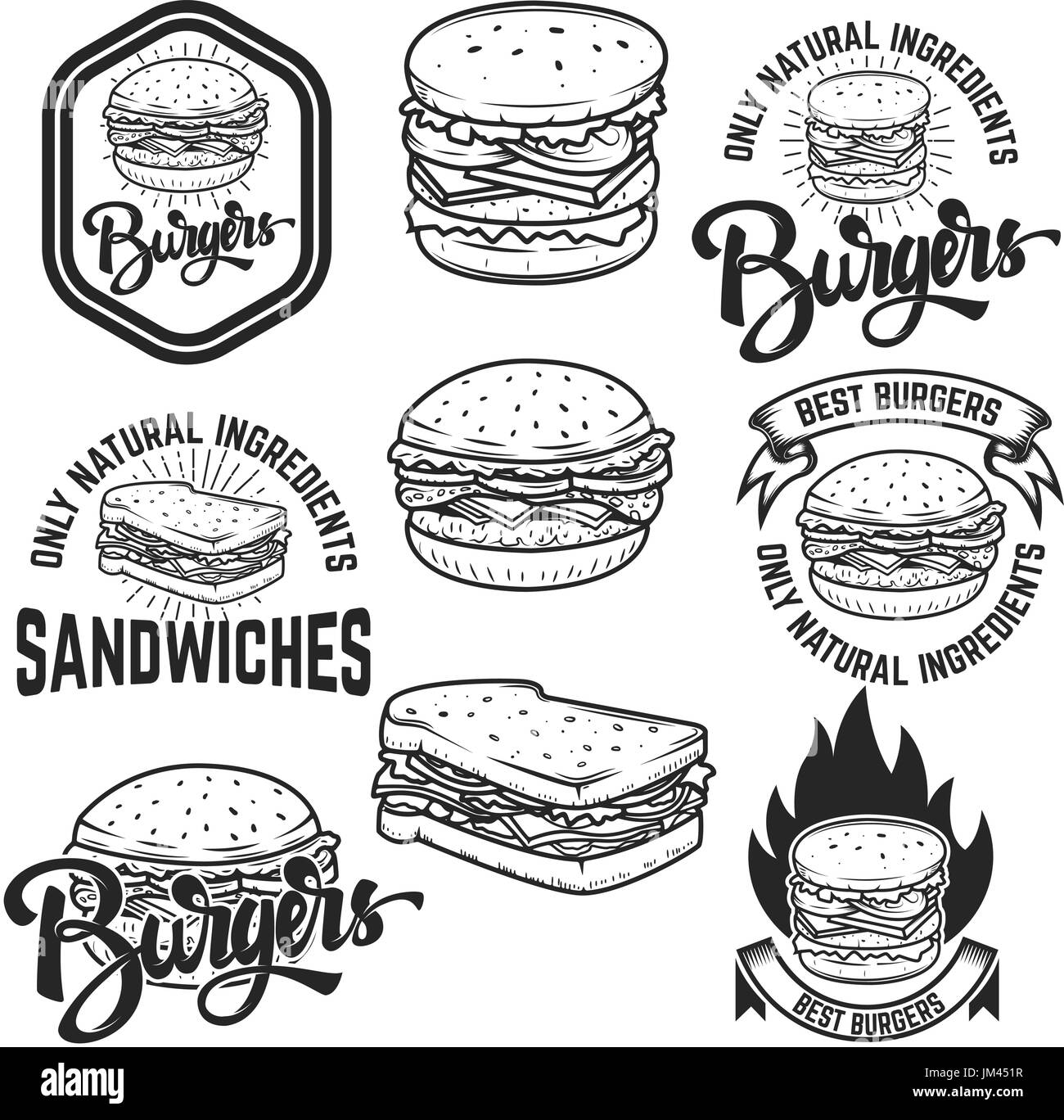 Des hamburgers et des sandwichs. Logo lettrage manuscrit, étiquette, d'un insigne. Emblème de fast food restaurant, café. Isolé sur fond blanc. Illustra vecteur Illustration de Vecteur