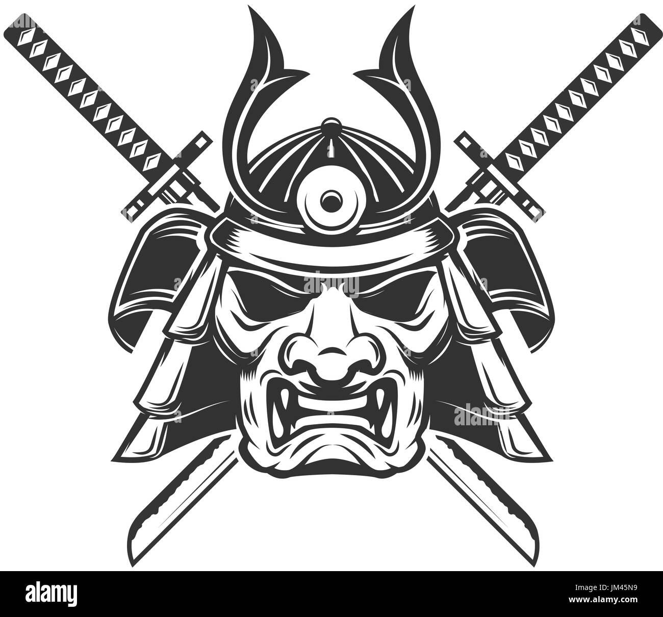 Masque de samouraï avec glaives croisés isolé sur fond blanc. Éléments de conception pour le label, logo, emblème, signe, marque de marque. Vector illustration. Illustration de Vecteur
