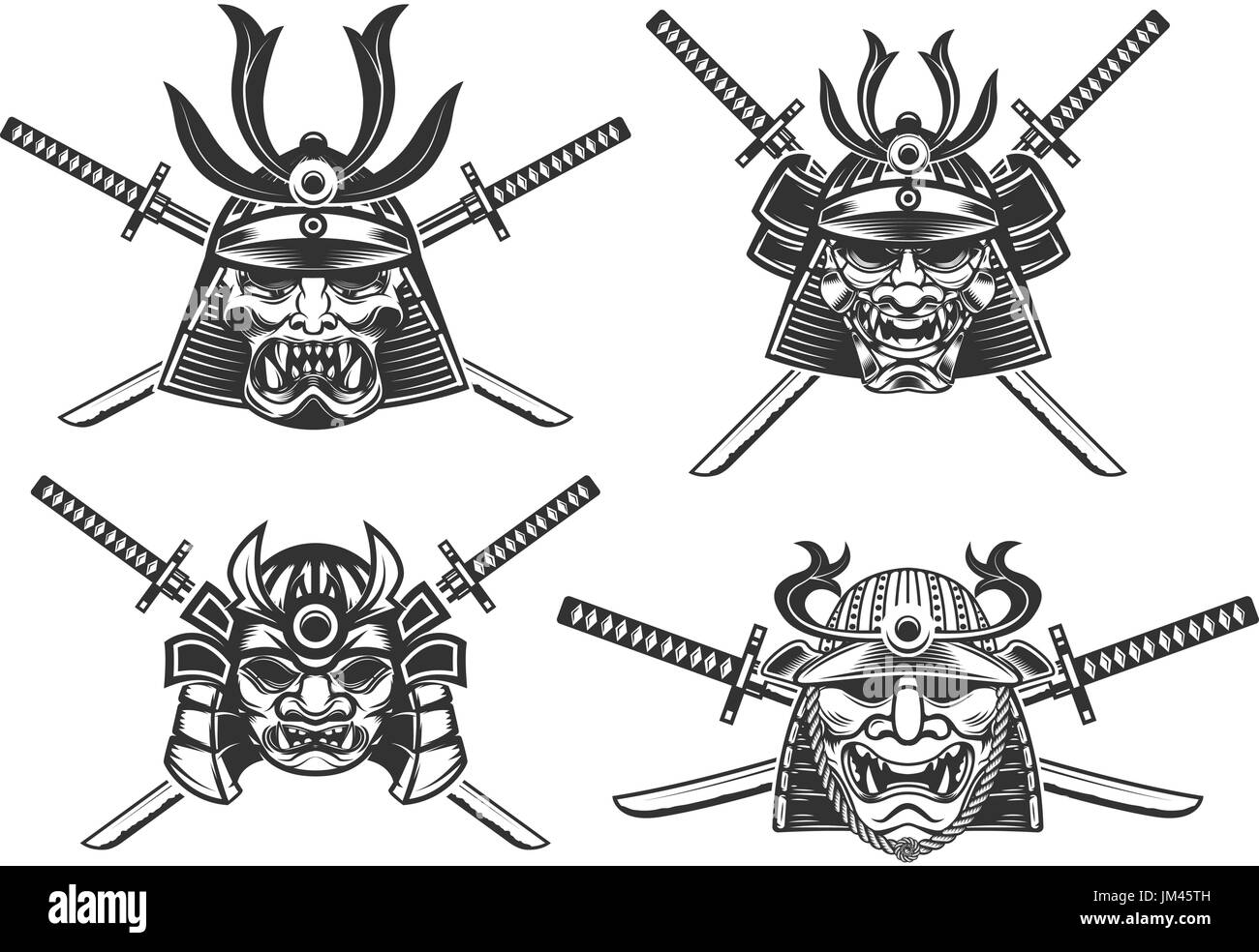 L'ensemble des casques avec des épées samouraï isolé sur fond blanc. Éléments de conception pour le label, logo, emblème, poster, t-shirt. Vector illustration. Illustration de Vecteur