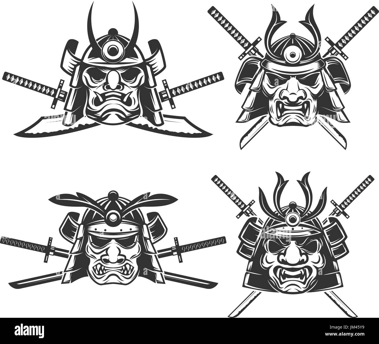 Ensemble de la masque de samouraï avec glaives croisés isolé sur fond blanc. Éléments de conception pour le label, logo, emblème, signe, marque de marque. Vector illustrati Illustration de Vecteur