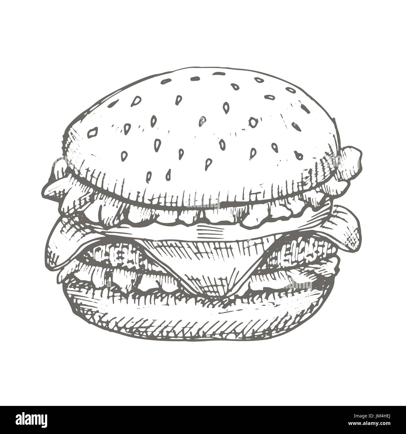 Burger vintage Vector dessin. Fast food monochrome dessinés à la main, l'illustration. Illustration de Vecteur