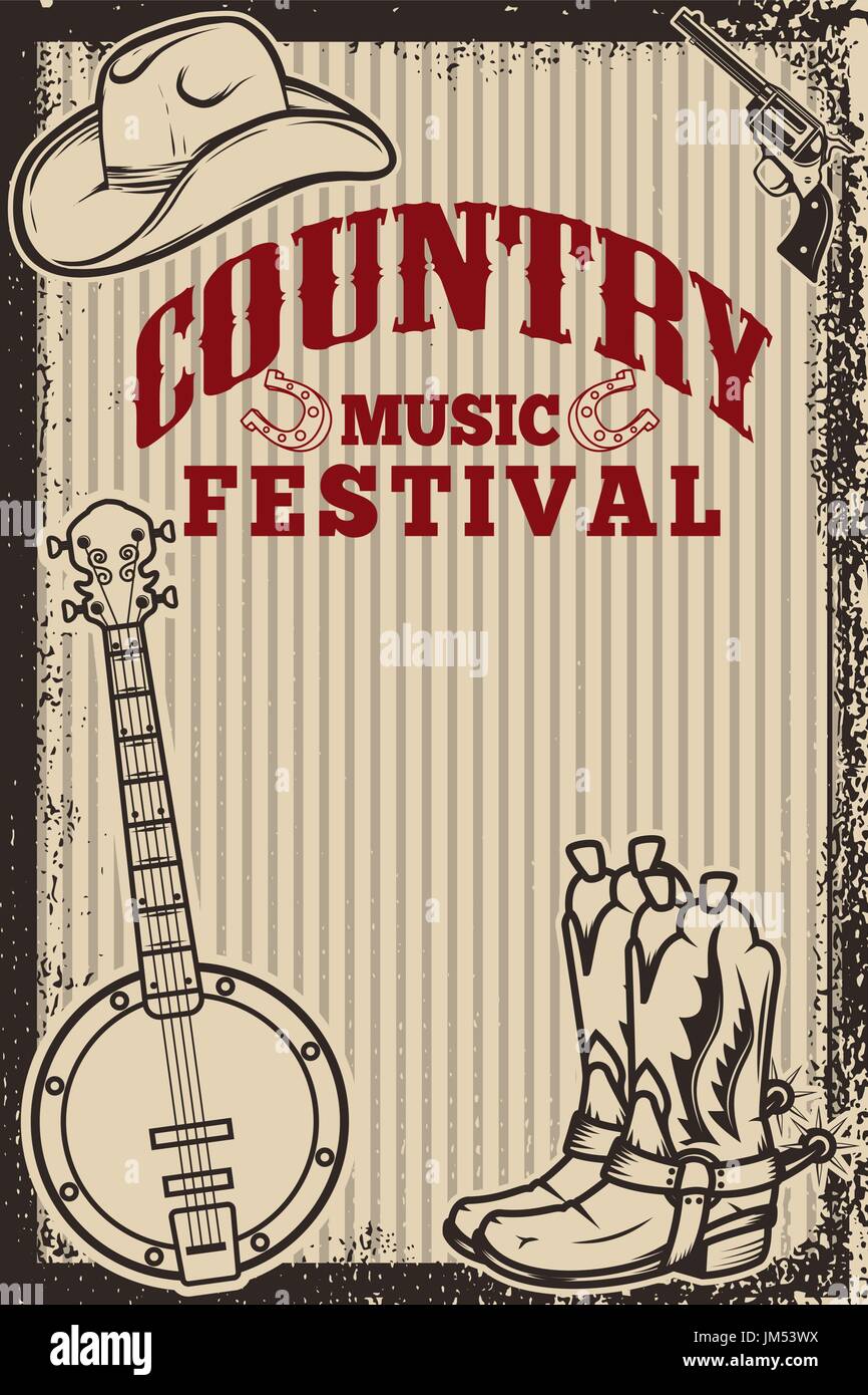 Festival de musique country au modèle d'affiche. Chapeau de cowboy, bottes de cow-boy, banjo. Vector illustration Illustration de Vecteur