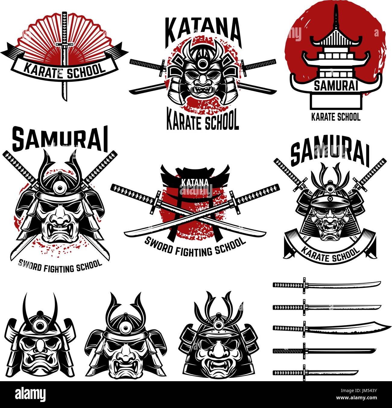 L'école de karaté des étiquettes. Des sabres de samouraï, samouraï de masques. La culture japonaise. L'élément de conception de logo, label, signe. Vector illustration Illustration de Vecteur