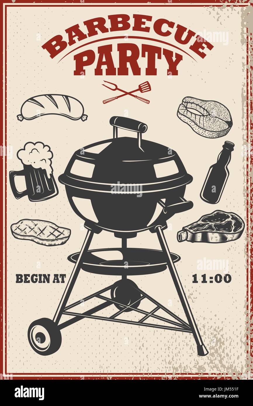 Partie de barbecue de modèle. Grill, le feu, la viande Affiche De Barbecue Vector Illustration. Griller Les Outils