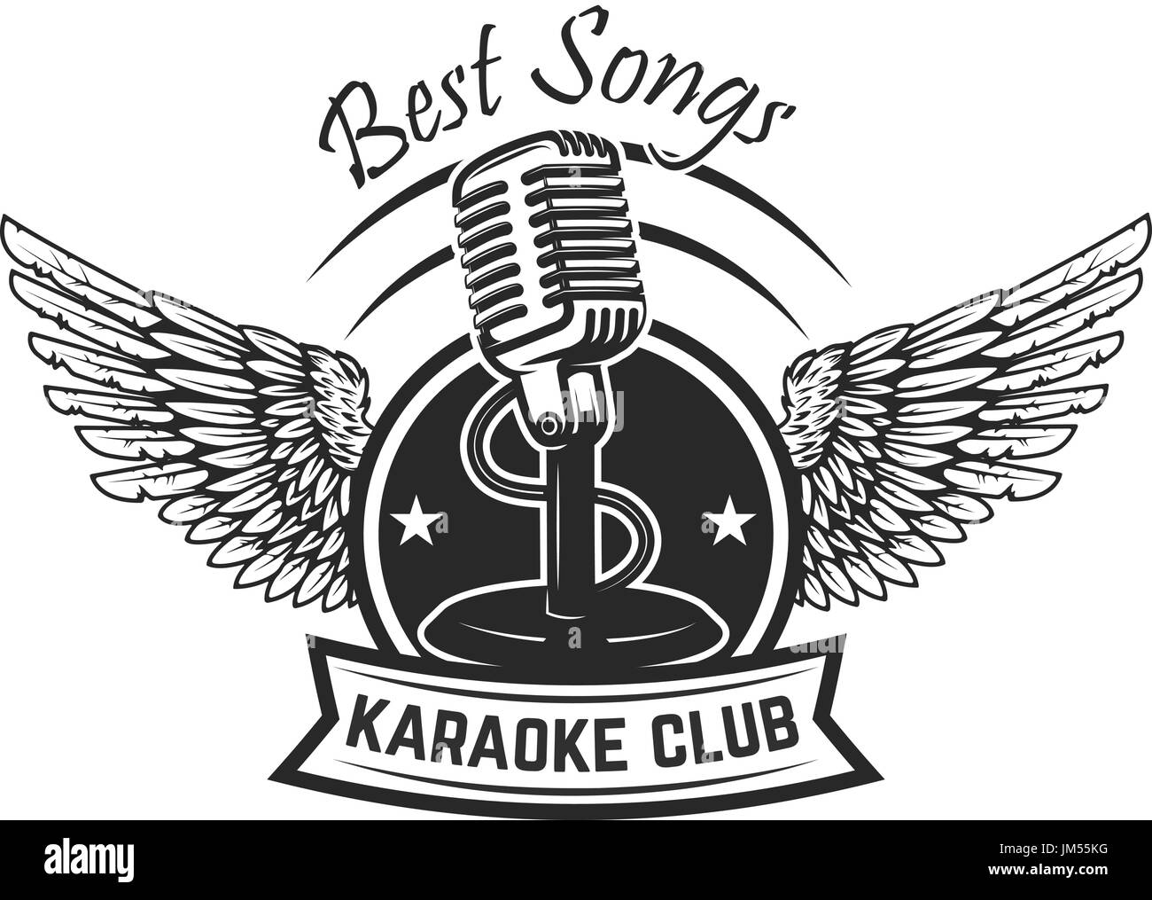 Karaoke club modèle d'étiquette. Emblème avec microphone vintage et les ailes. Vector