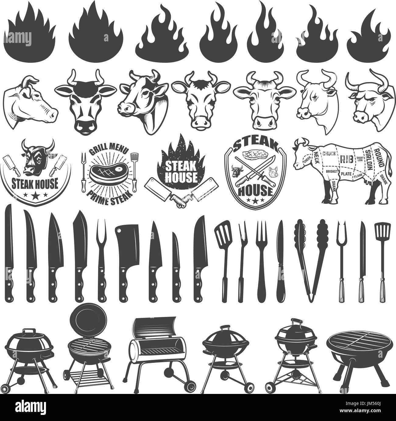 Ensemble d'installations pour barbecue et grill Étiquettes et éléments de conception. Bull et têtes de vache, boucherie, des grillades, des outils d'icônes d'incendie. Éléments de conception pour le logo, étiquette, d'un insigne, emblème Illustration de Vecteur