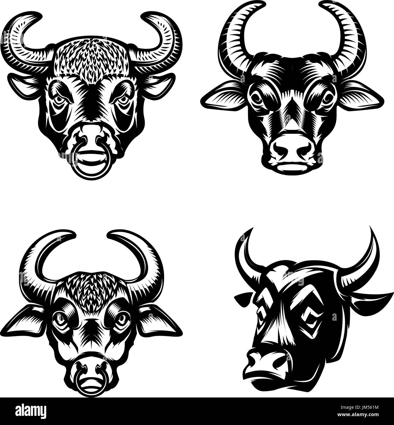 Ensemble de têtes de taureau d'icônes sur fond blanc. Éléments de conception pour le label, logo, emblème, signe. Illustration de Vecteur