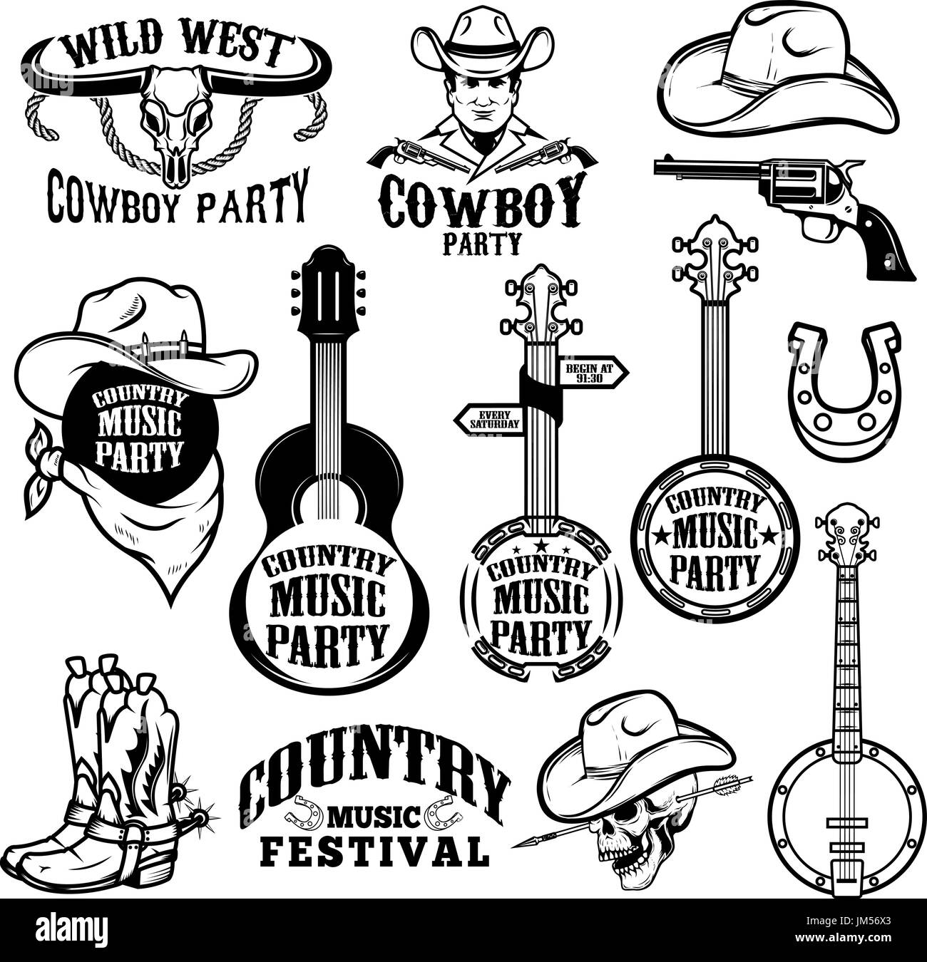 Ensemble de festival de musique country d'emblèmes et d'éléments de conception. Parti de cow-boy. Vector illustration Illustration de Vecteur