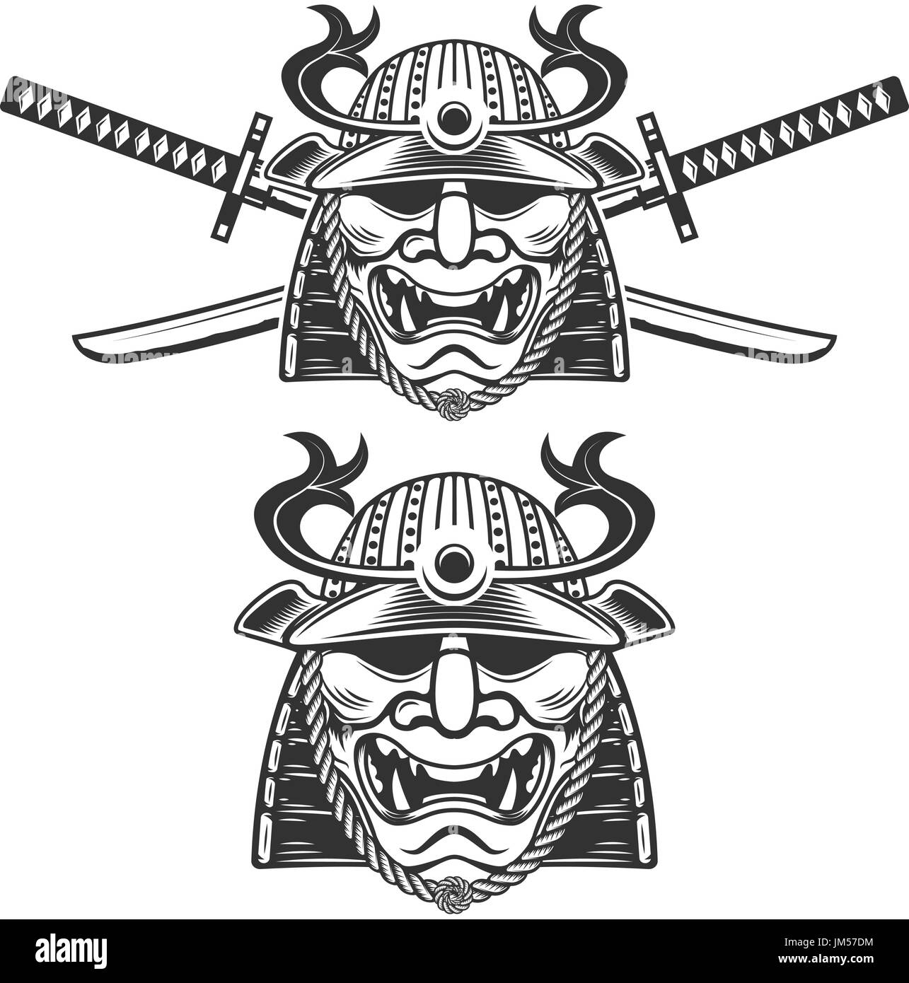 Ensemble de la masque de samouraï avec glaives croisés isolé sur fond blanc. Éléments de conception pour le label, logo, emblème, signe, marque de marque. Vector illustrati Illustration de Vecteur