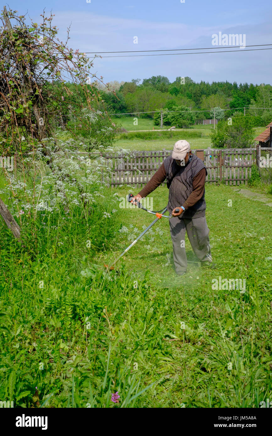 L'homme à l'aide d'un strimmer locales pour couper l'herbe dans le jardin d'une maison rurale dans un village de zala en Hongrie Banque D'Images