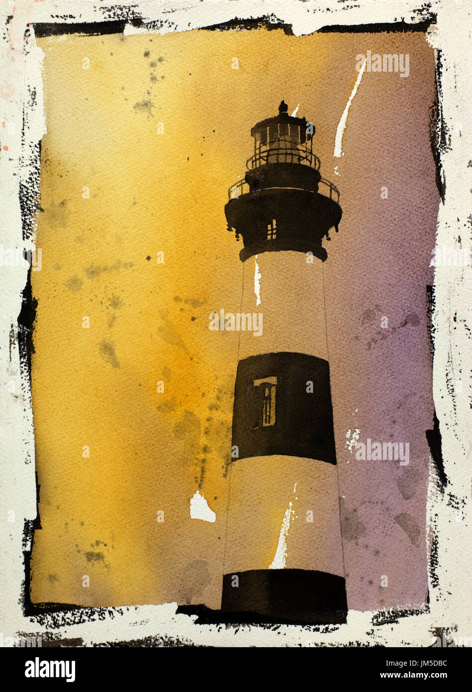 Fine art aquarelle w/ photo fausse frontière de Bodie Island Lighthouse- Outer Banks, Caroline du Nord. Banque D'Images