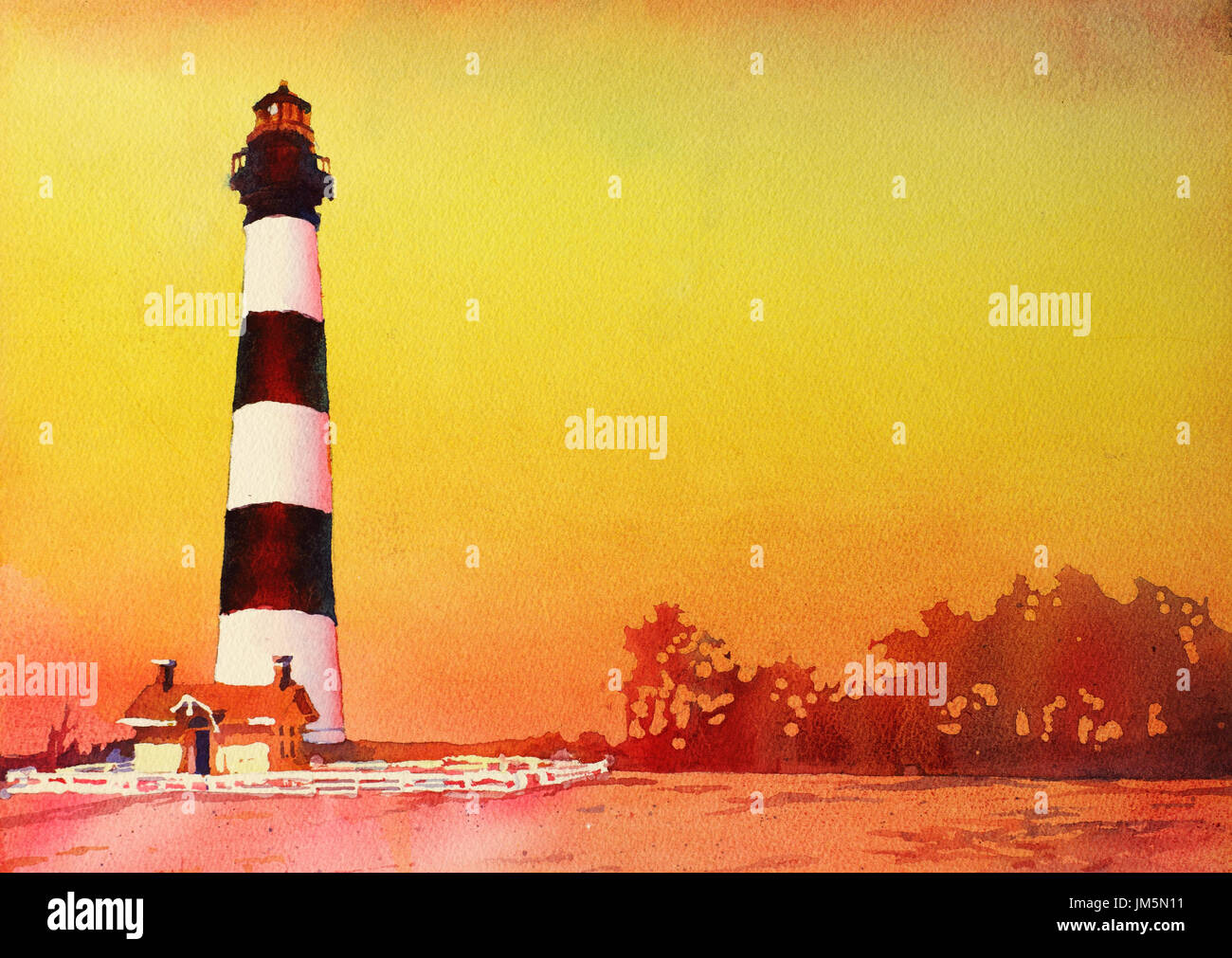 Fine art de l'aquarelle de Bodie Island Lighthouse au coucher du soleil dans les Outer Banks (OBX) de Caroline du Nord - USA Banque D'Images