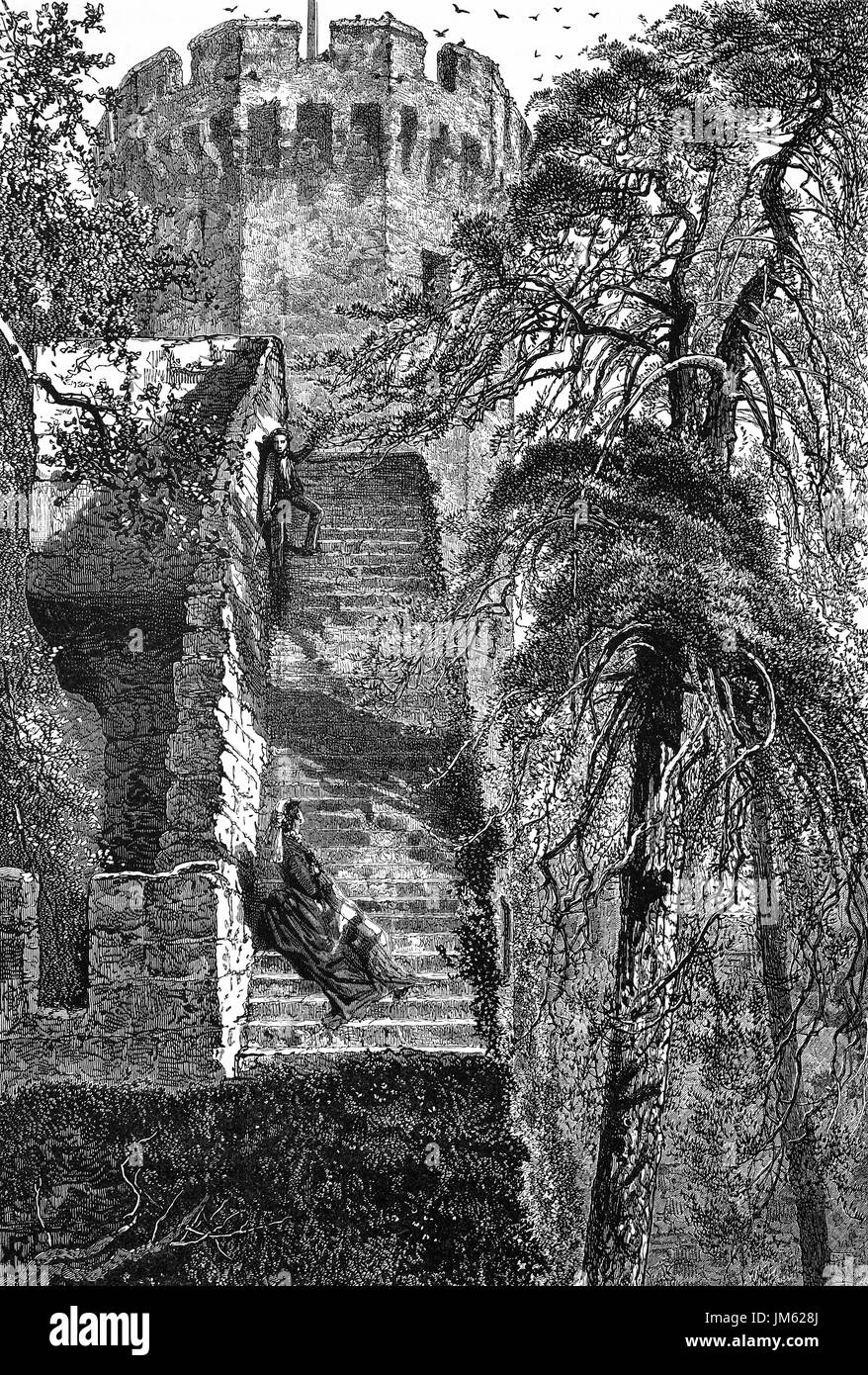 1870 : Guy's Tower et les murs de la ville médiévale le château de Warwick situé sur un méandre de la rivière Avon. Il a été reconstruit en pierre au 12ème et 14ème siècles et a été utilisé comme forteresse jusqu'au début du 17e siècle, dans le Warwickshire, Angleterre, Banque D'Images