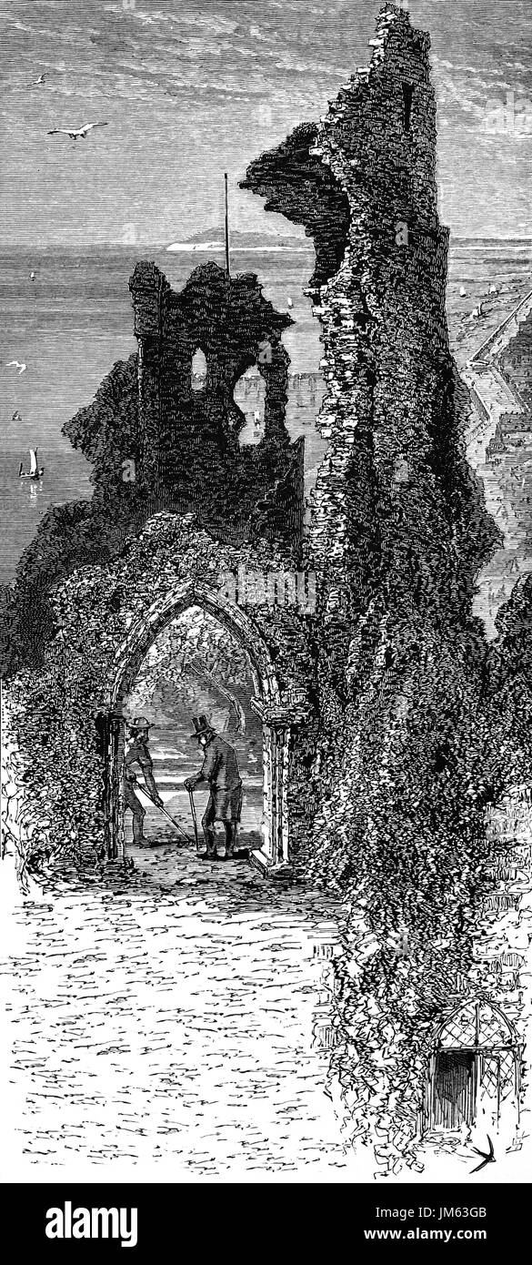 1870 : château de Hastings a été à l'origine une tour en bois construite au sommet d'un monticule artificiel ou motte, qui était entouré d'une cour intérieure ou extérieure Bailey. Après la victoire à la bataille de Hastings, Guillaume fut couronné le jour de Noël 1066, et avait donné des ordres que château de Hastings a été d'être reconstruit en pierre, East Sussex, Angleterre Banque D'Images