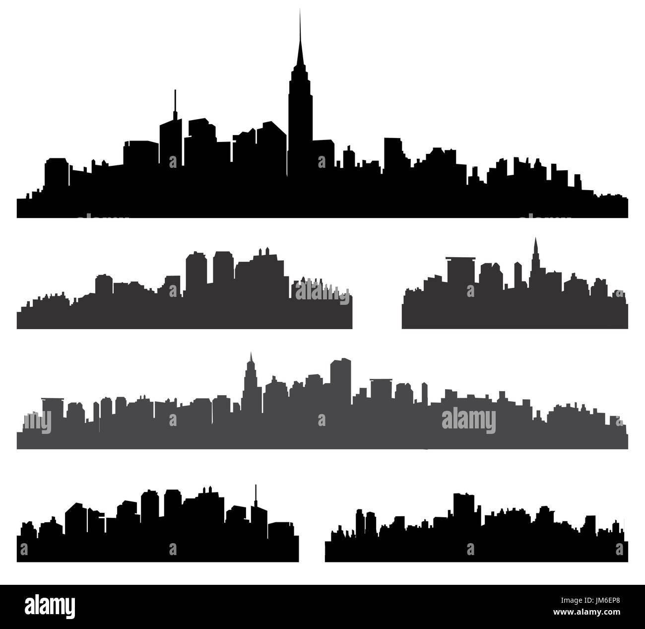Silhouette ville vector set. panorama ville frontière urbaine skyline. fond collection. Banque D'Images
