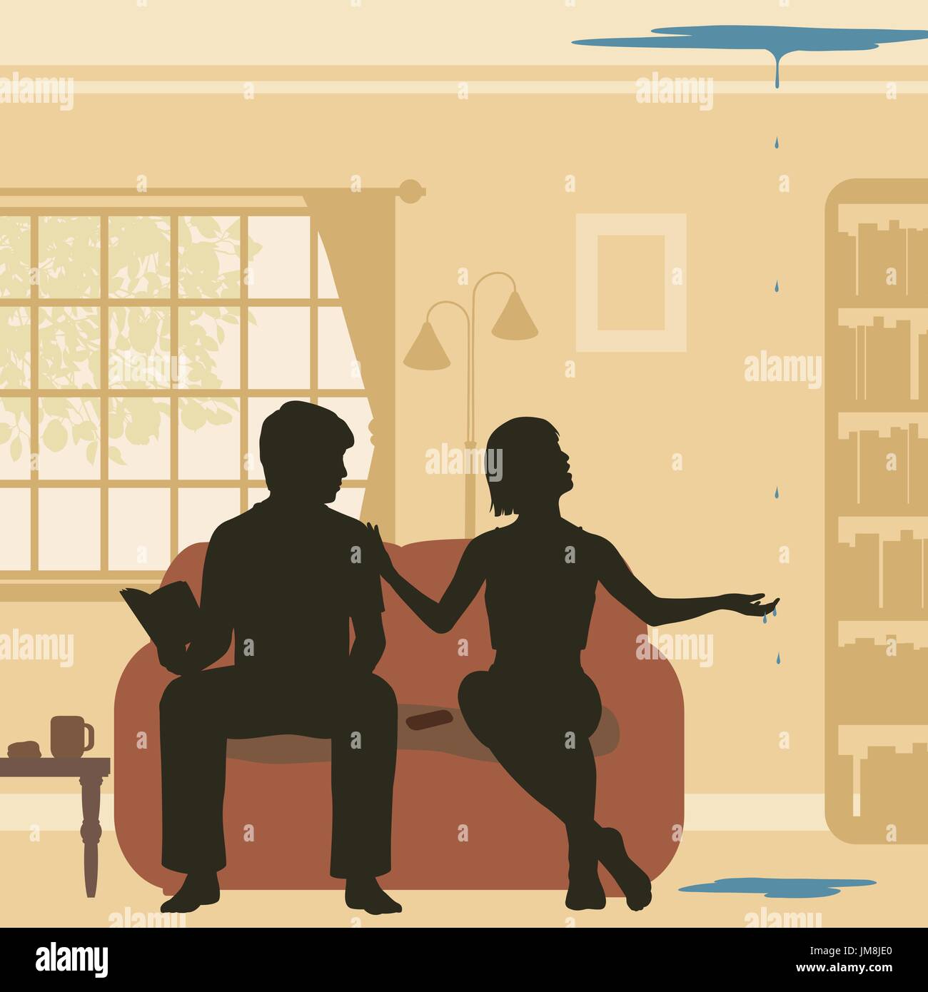 Vector illustration découpe modifiable d'un couple à la découverte d'une fuite par le plafond Illustration de Vecteur
