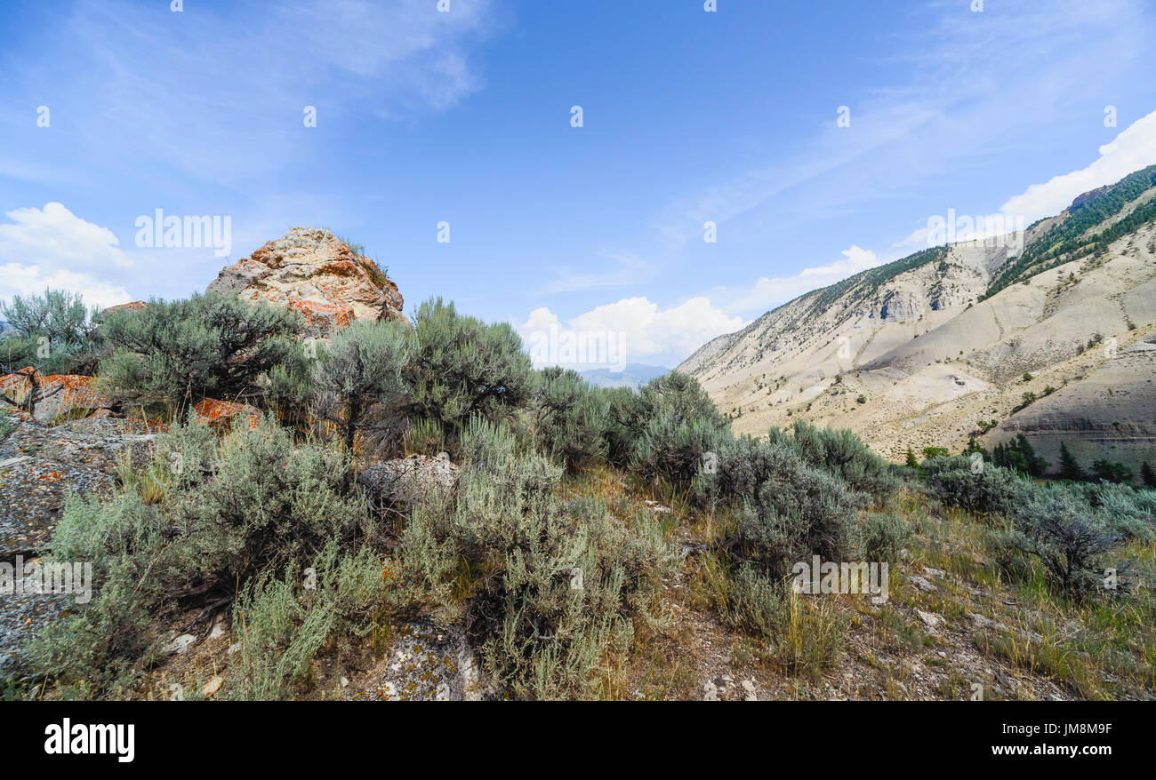 Pristine, robuste, le paysage de la prairie avec des roches, de l'armoise, et les terres arides dans le cœur de l'ouest des prairies près de Wyoming, Wyoming, USA. Banque D'Images