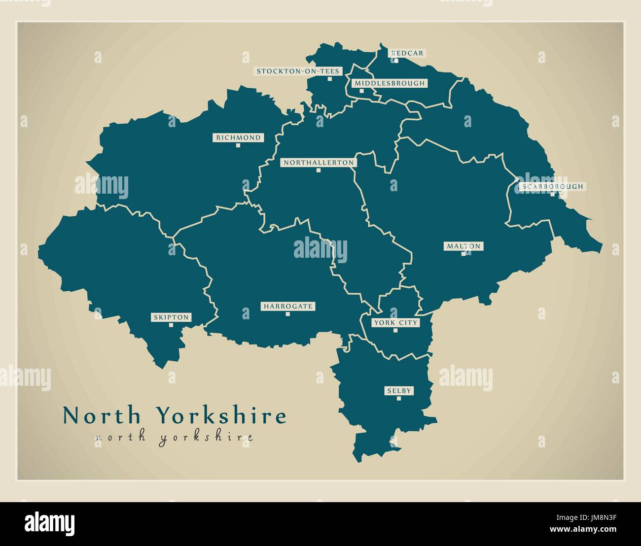 Carte moderne - North Yorkshire County avec les villes et districts England UK illustration Illustration de Vecteur