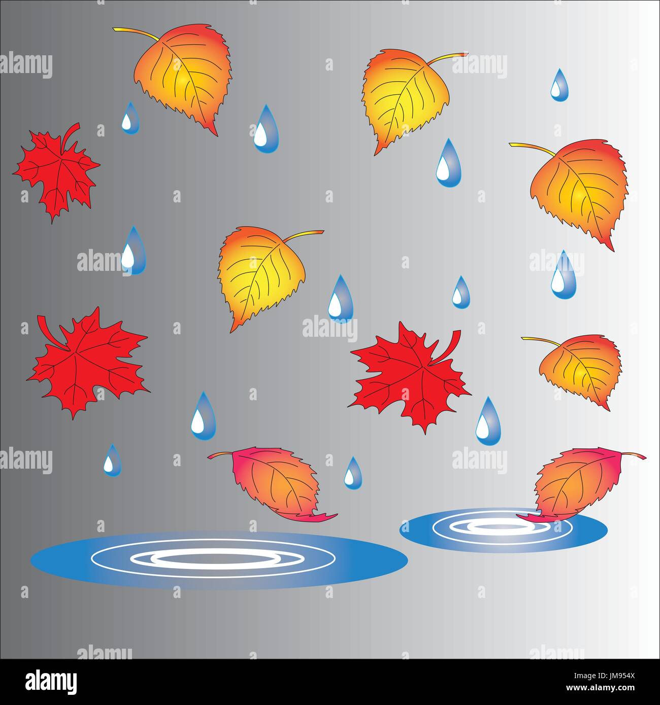 Le thème de l'automne, les feuilles tombées, les flaques d'eau et de gouttes. Illustration de Vecteur