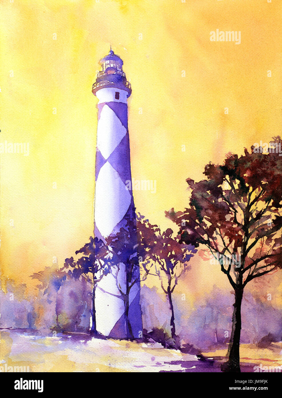 Peinture de Cape Lookout lighthouse. Fine art peinture de Caroline du phare sur les bancs extérieurs, NC. USA phare. Banque D'Images