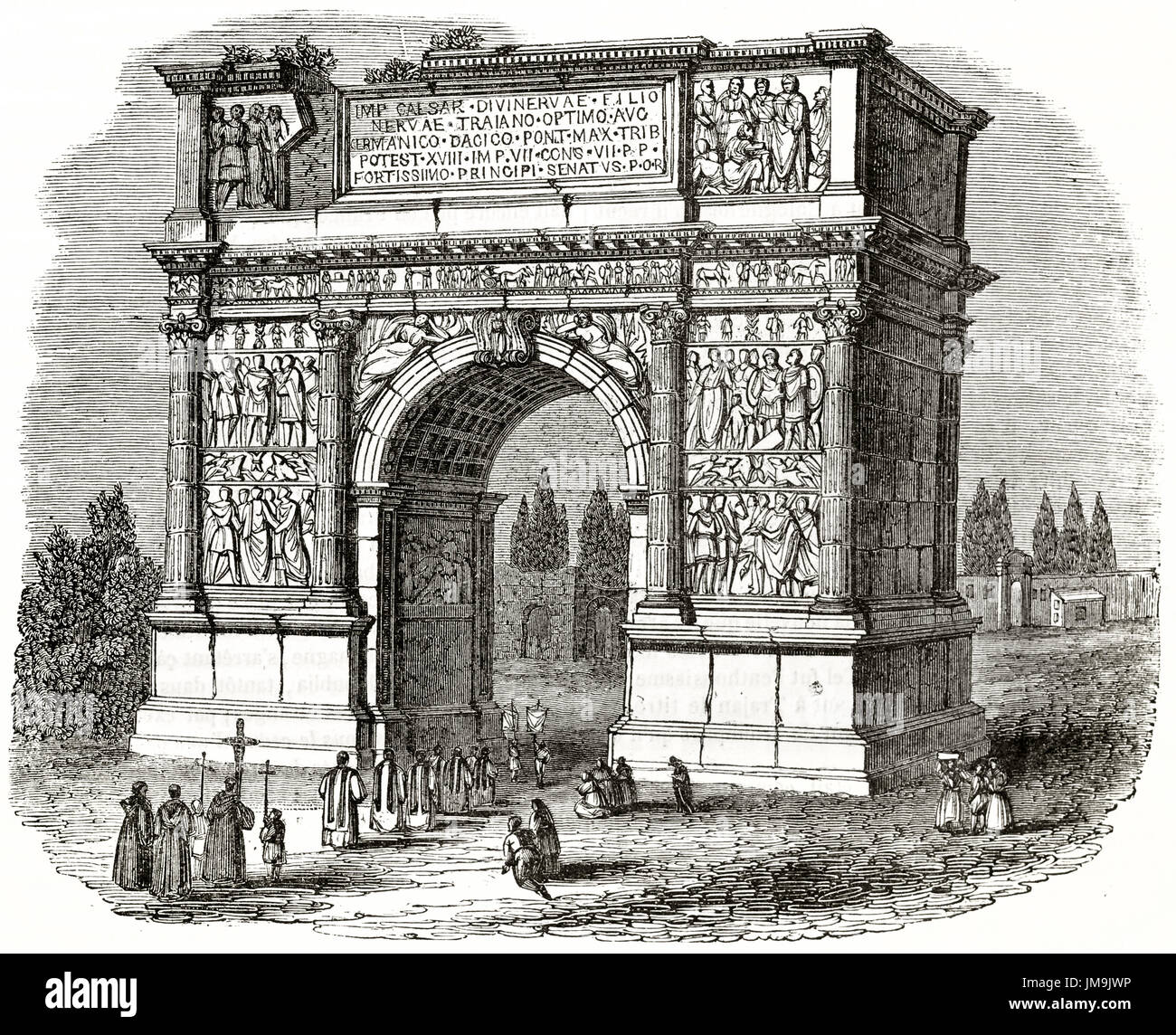 Vue ancienne de l'arc de Trajan, Benevento, Italie. Par auteur non identifié, publié le Magasin Pittoresque, Paris, 1837. Banque D'Images Vue ancienne de l'arc de Trajan, Benevento, Italie. Par auteur non identifié, publié le Magasin Pittoresque, Paris, 1837. Banque D'Images
