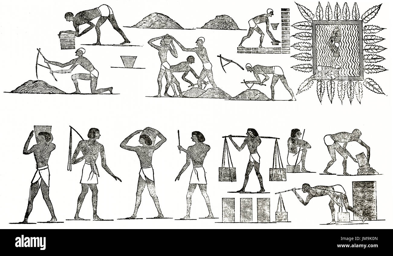 Ancienne reproduction d'illustration gravée égyptien de maçons de travailler. Par auteur non identifié, publié le Magasin Pittoresque, Paris, 1837 Banque D'Images
