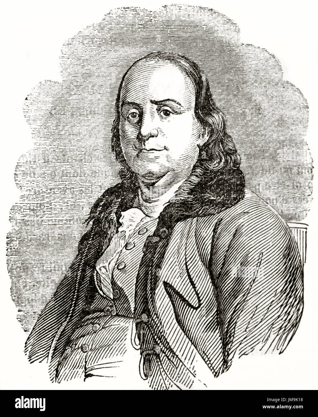 Ancien portrait gravé de Benjamin Franklin (1706 - 1790), mathématicien et homme d'État. Créé par Jackson, publié le Magasin Pittoresque, Paris, 1837. Banque D'Images