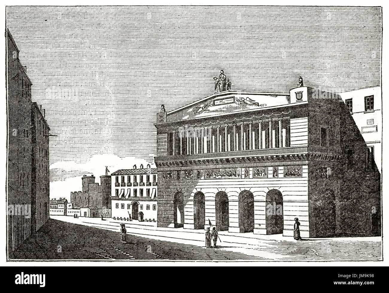 Vue ancienne de la façade le théâtre San Carlo, Naples, Italie. Créé par Laing et Breton, publié le Magasin Pittoresque, Paris, 1837. Banque D'Images