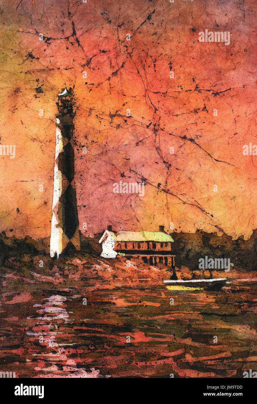Les beaux-arts de batik, aquarelle de la ville historique de Cape Hatteras lighthouse- Outer Banks, Caroline du Nord. Art phare Outer Banks, Caroline du Nord. Banque D'Images