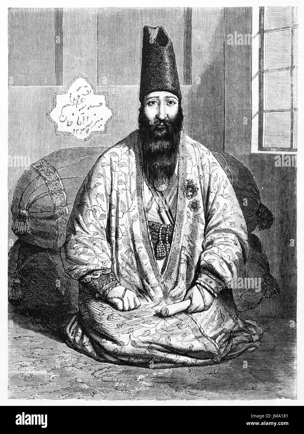 Ancien portrait gravé du Hadj Mirza Agashi (1783 - 1848), premier ministre de l'Iran de 1835 à 1848. Créé par Hadamard, publié sur le Tour du Monde Banque D'Images
