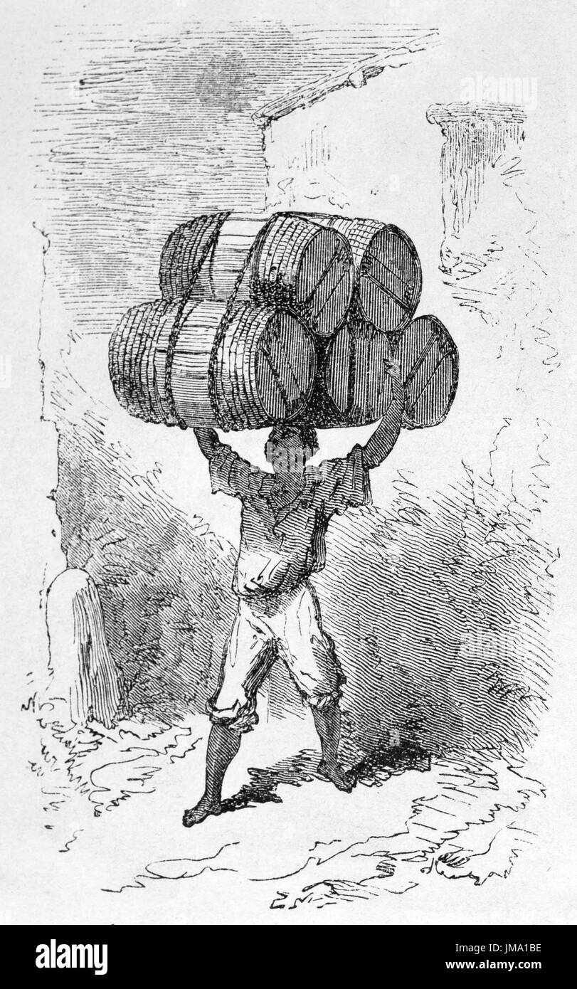 Vieille illustration d'un homme noir du transport de barils sur la tête à Rio de Janeiro. Par auteur non identifié, publié sur le Tour du Monde, Paris, 1861. Banque D'Images