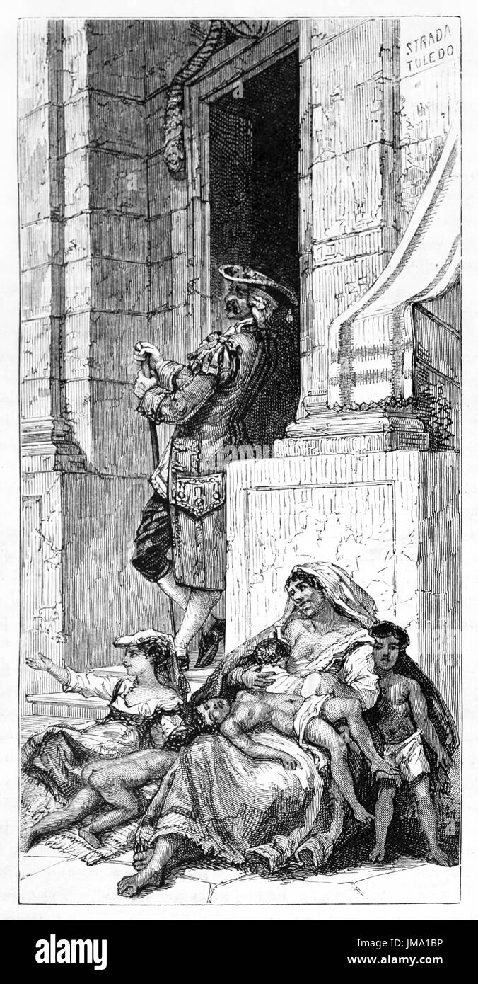 Vieille illustration de mendiants dans la rue de Tolède, Naples, Italie. Créé par Ferogio, publié sur le Tour du Monde, Paris, 1861 Banque D'Images