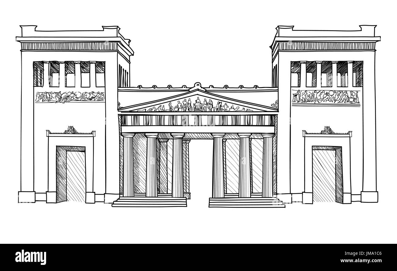 Munich célèbre city place gateway (propylaea), de l'Allemagne. transport bâtiment remarquable gravure façade sketch signe. Banque D'Images