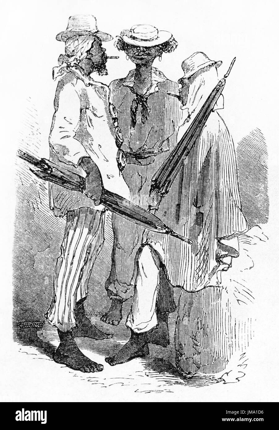 Vieille illustration d'hommes noirs à Rio de Janeiro. Créé par Riou après Biard, publié sur le Tour du Monde, Paris, 1861. Banque D'Images