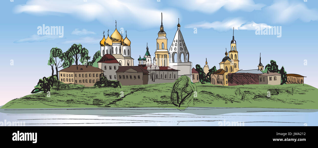 Vieille ville russe Paysage avec église, croquis dessinés à la main. vector illustration ville kolomna. vue de suzdal ville. L'anneau d'or de la Russie. Banque D'Images