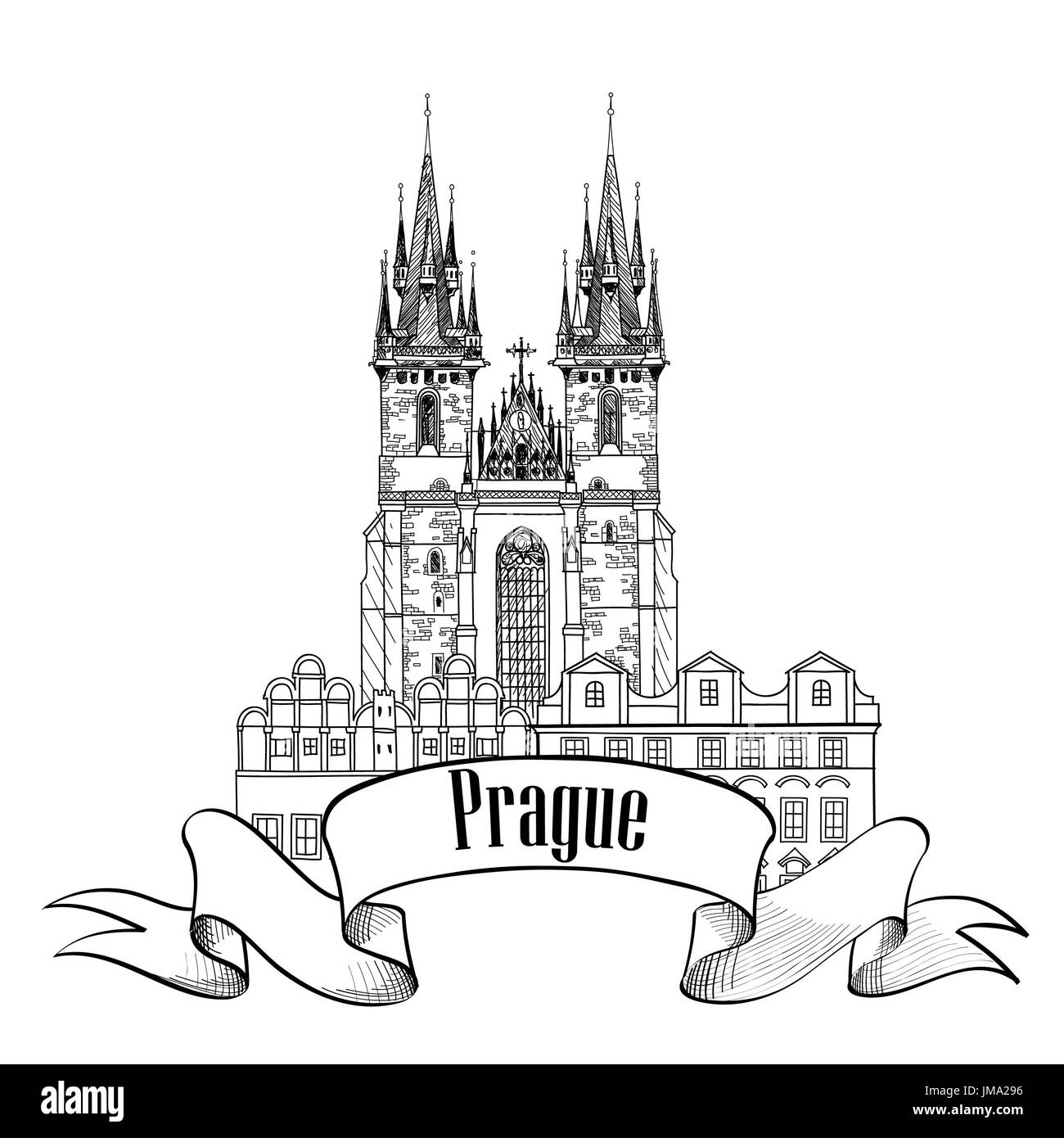 Historique de Prague, la cathédrale de Tyn et tour de l'horloge croquis. billet symbole européen. Banque D'Images