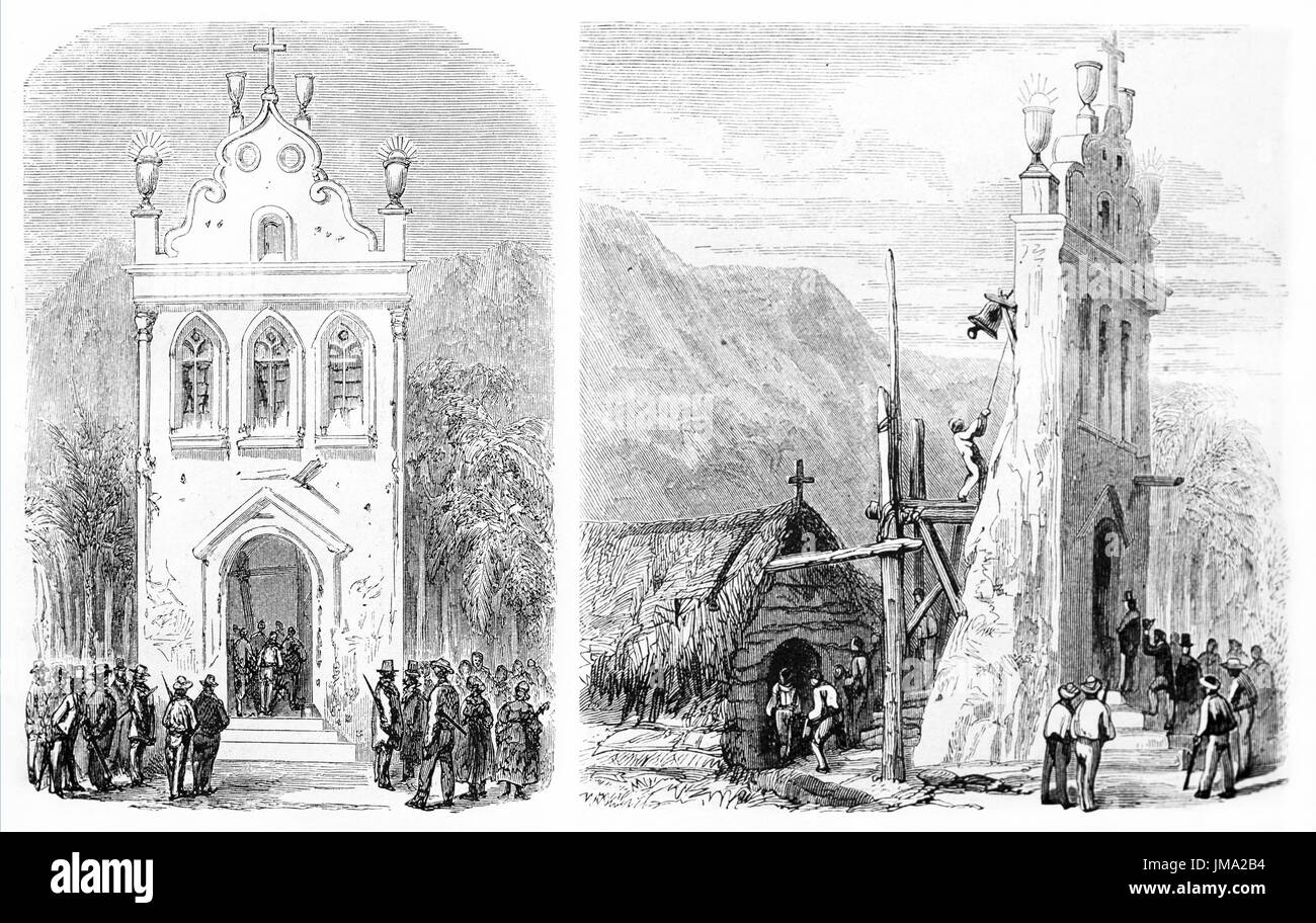 Deux exemples de l'église de Santa Cruz (état d'Espirito Santo, Brésil) : font et vue de côté. Créé par Riou et Laly après Biard, publié sur le d Banque D'Images