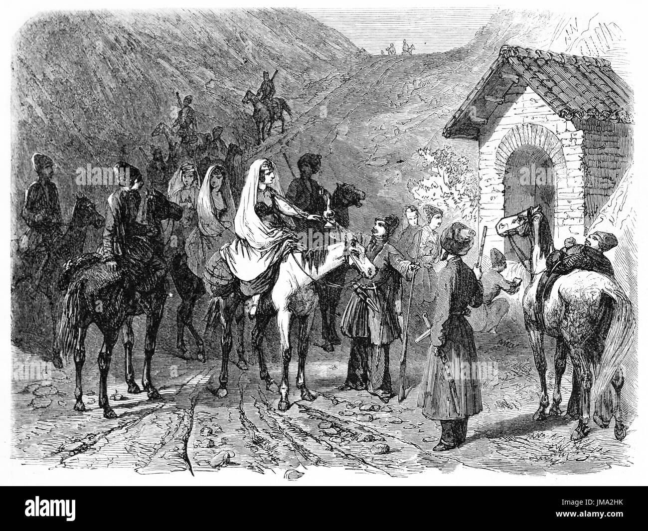 Illustration de l'ancienne famille géorgienne arrêter le long de la rue. Créé par Blanchard, publié sur le Tour du Monde, Paris, 1861 Banque D'Images