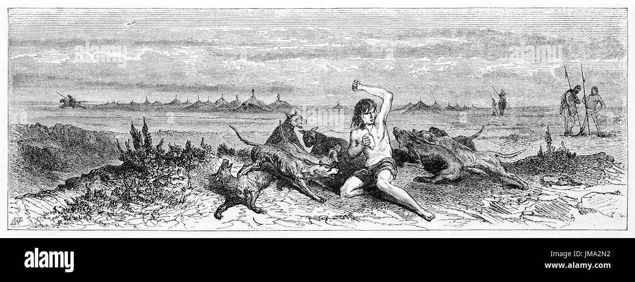 Vieille illustration d'Auguste Guinnard prisonnier d'autochtones en Patagonie, soutenant la nourriture avec les chiens. Créé par Castelli, publié sur le Tour du M Banque D'Images