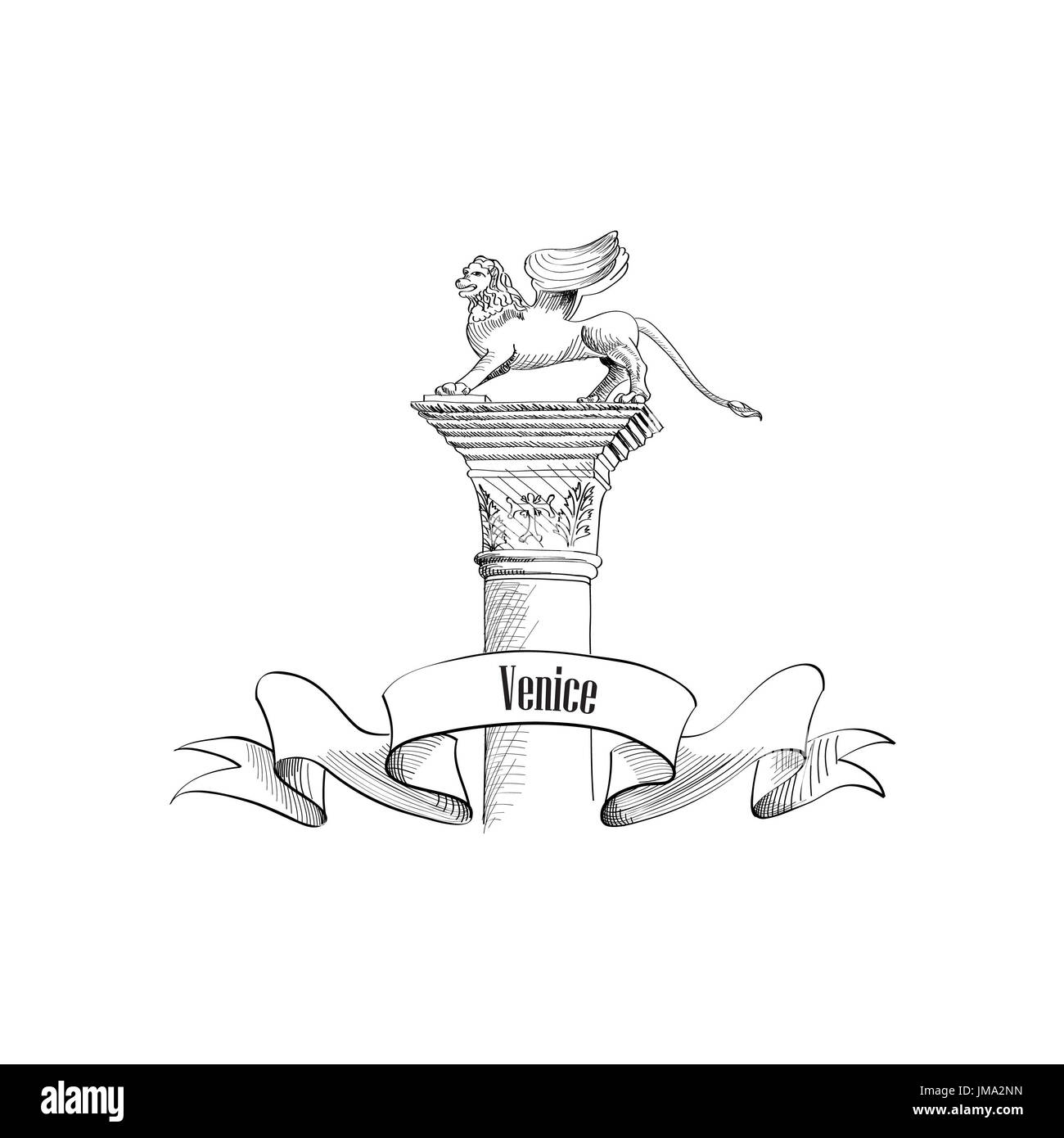 Venise symbole de la citiie Saint Marco sur la statue. Etiquette italienne de repère isolée sur fond blanc avec espace de copie. Voyage Italie set. Banque D'Images