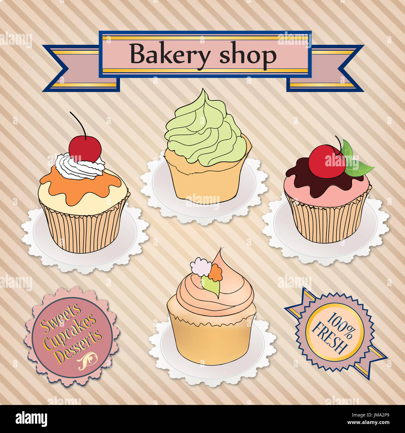 Bakery shop label. Vintage poster cupcake design. Bonbons à l'époque victorienne. Banque D'Images