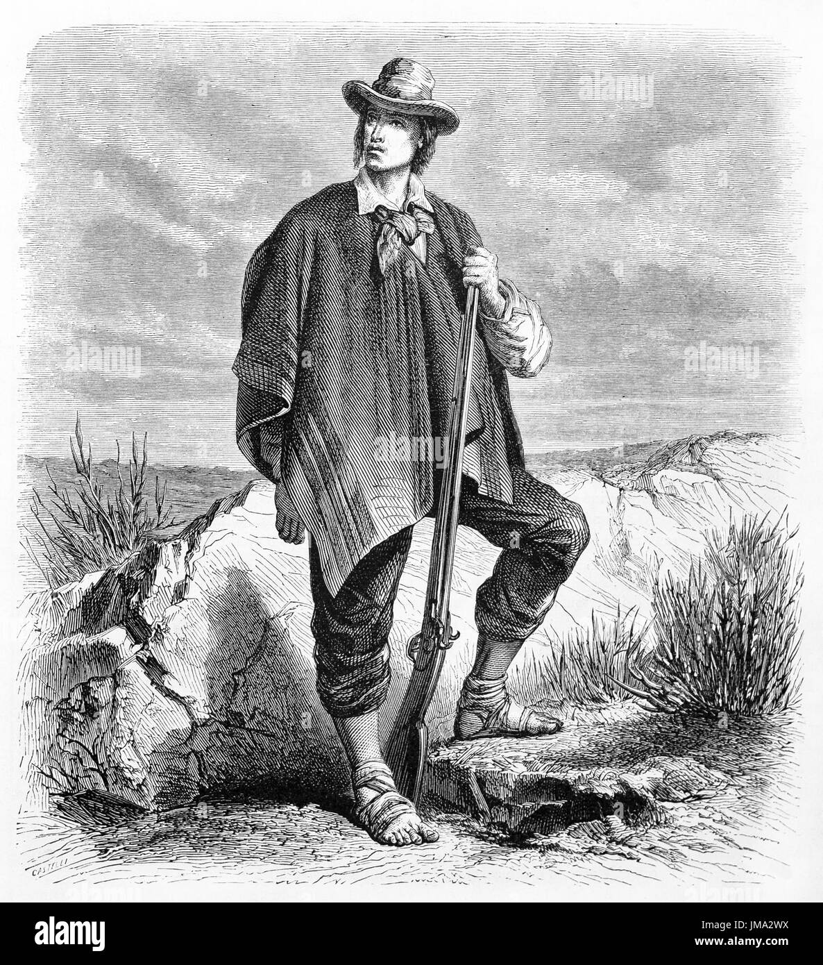 Ancien portrait gravé d'Auguste Guinnard (1832 - ?) Explorateur français ho a vécu trois ans comme esclave en Patagonie tribus. Créé par Trichon, publishe Banque D'Images